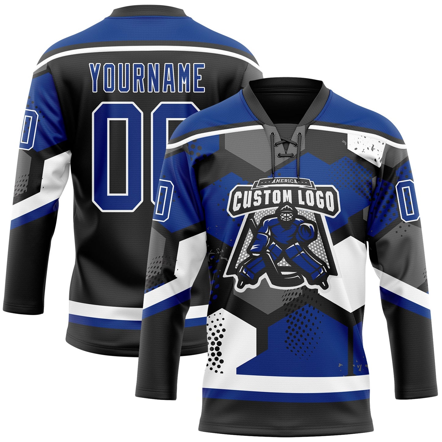Custom Royal Black-White 3D Pattern Geometric Shape Hockey Lace Neck Jersey view 2