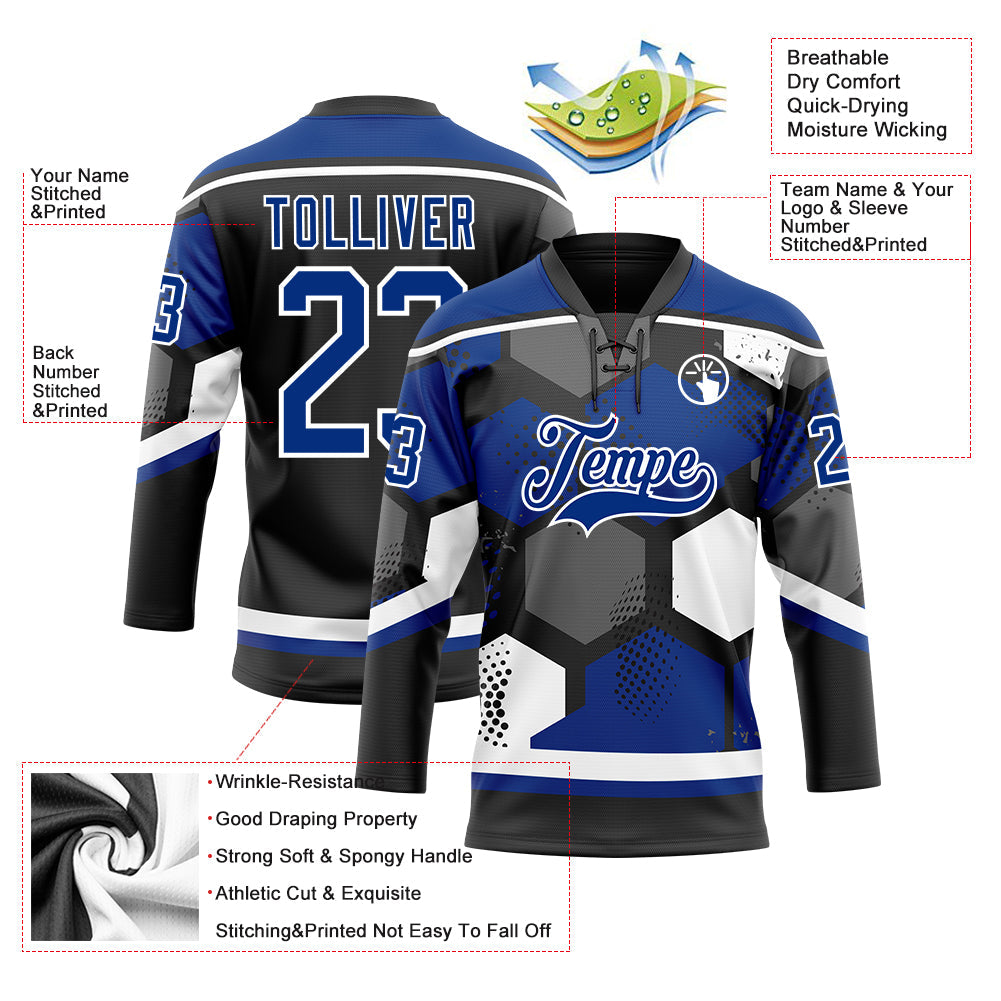 Custom Royal Black-White 3D Pattern Geometric Shape Hockey Lace Neck Jersey view 5