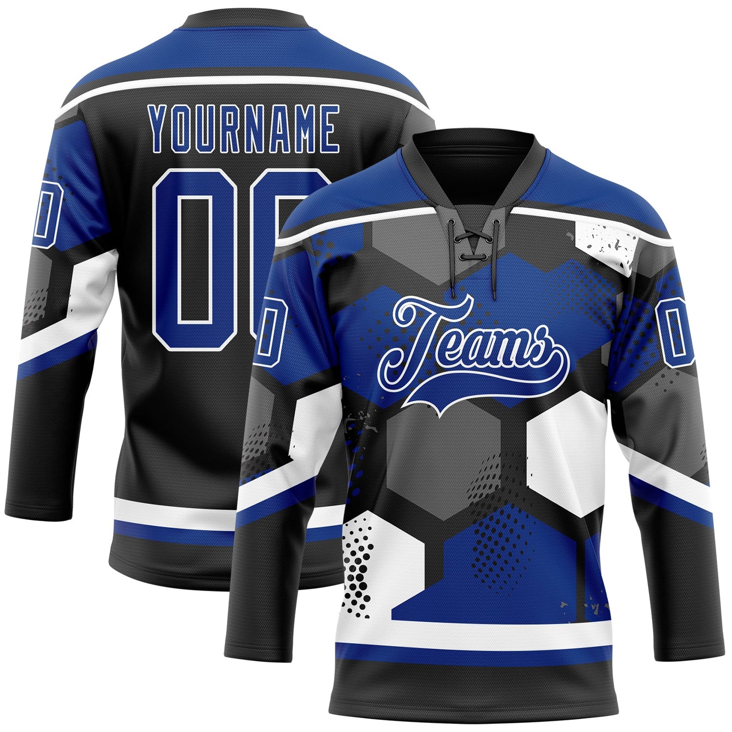 Custom Royal Black-White 3D Pattern Geometric Shape Hockey Lace Neck Jersey - Main View