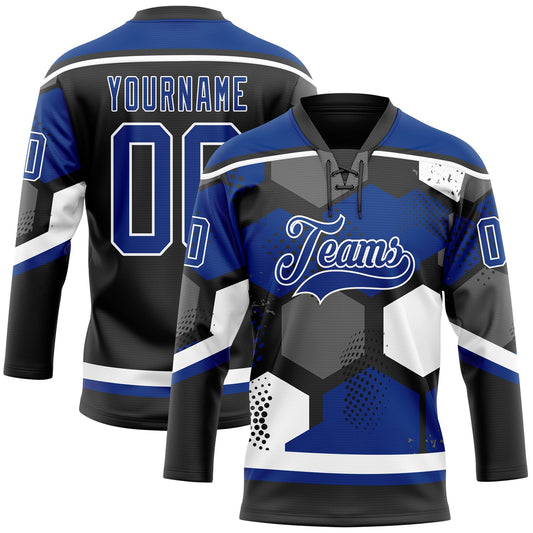 Custom Royal Black-White 3D Pattern Geometric Shape Hockey Lace Neck Jersey - Main View