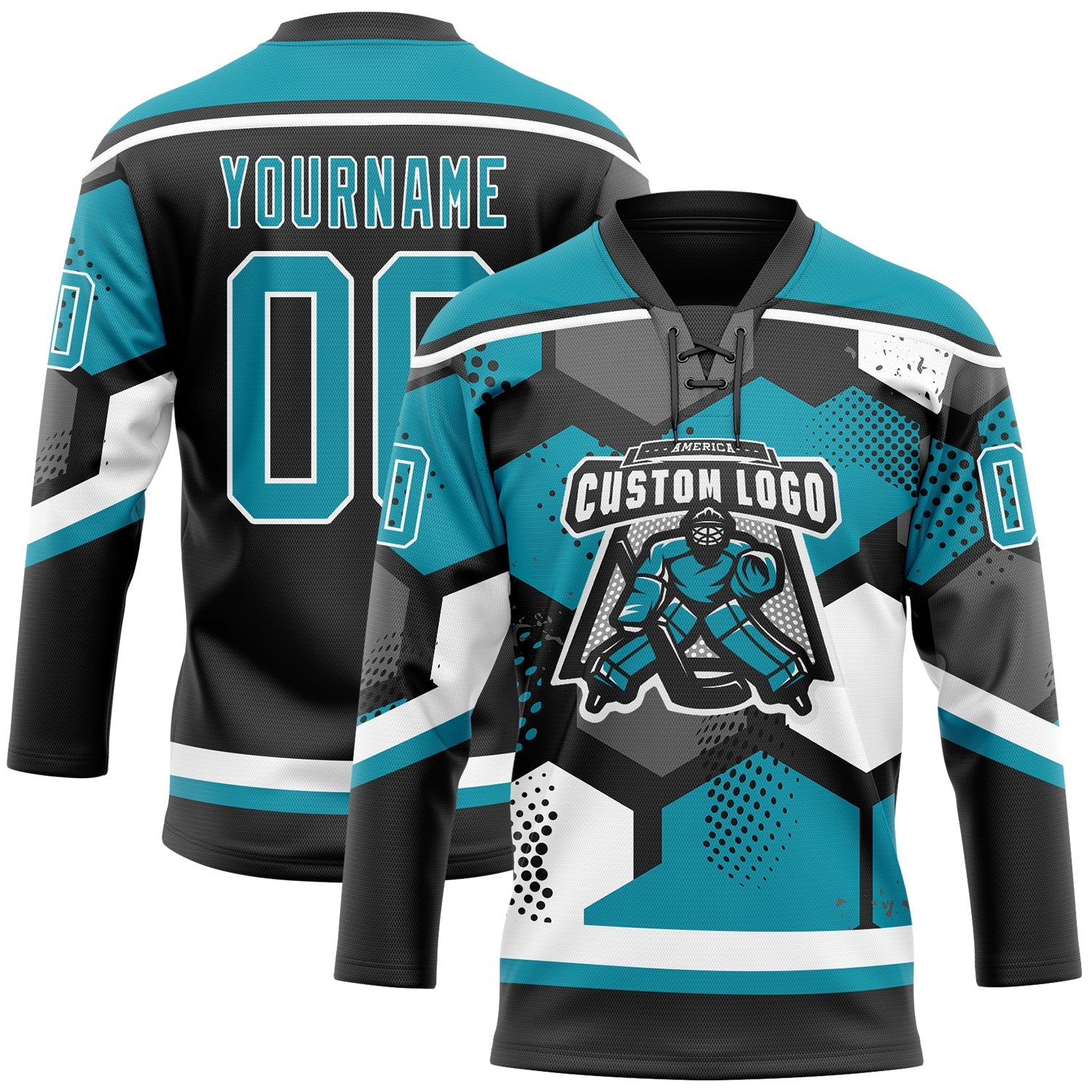 Custom Teal Black-White 3D Pattern Geometric Shape Hockey Lace Neck Jersey view 2