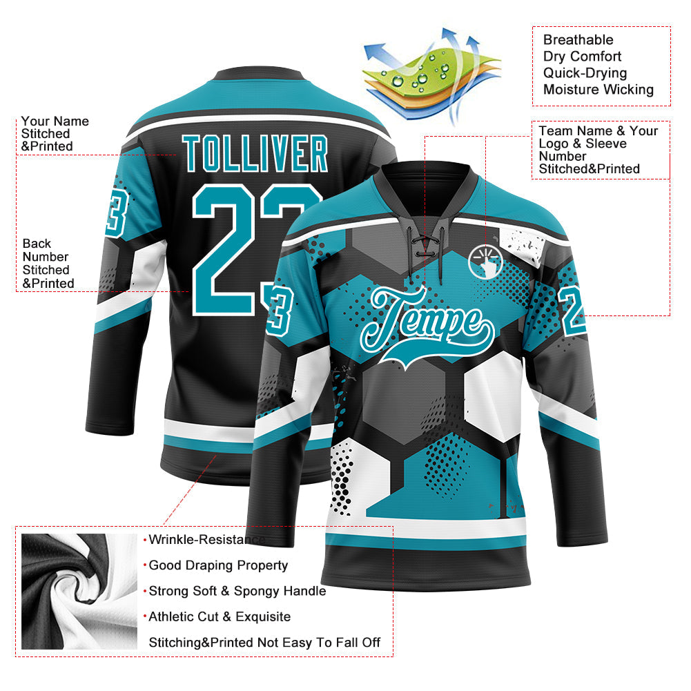 Custom Teal Black-White 3D Pattern Geometric Shape Hockey Lace Neck Jersey view 5