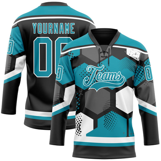 Custom Teal Black-White 3D Pattern Geometric Shape Hockey Lace Neck Jersey - Main View