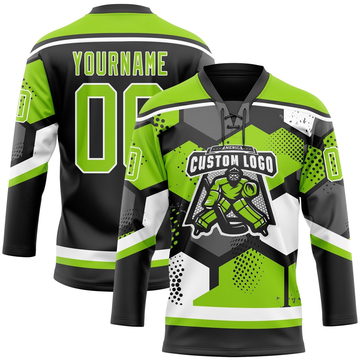 Custom Neon Green Black-White 3D Pattern Geometric Shape Hockey Lace Neck Jersey view 2