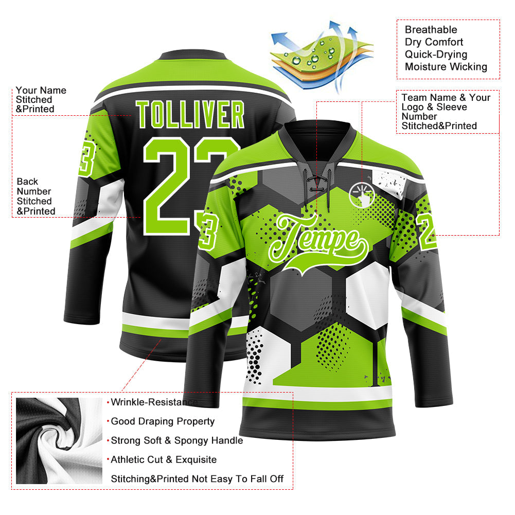 Custom Neon Green Black-White 3D Pattern Geometric Shape Hockey Lace Neck Jersey view 5