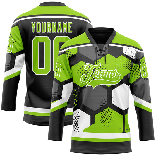 Custom Neon Green Black-White 3D Pattern Geometric Shape Hockey Lace Neck Jersey - Main View