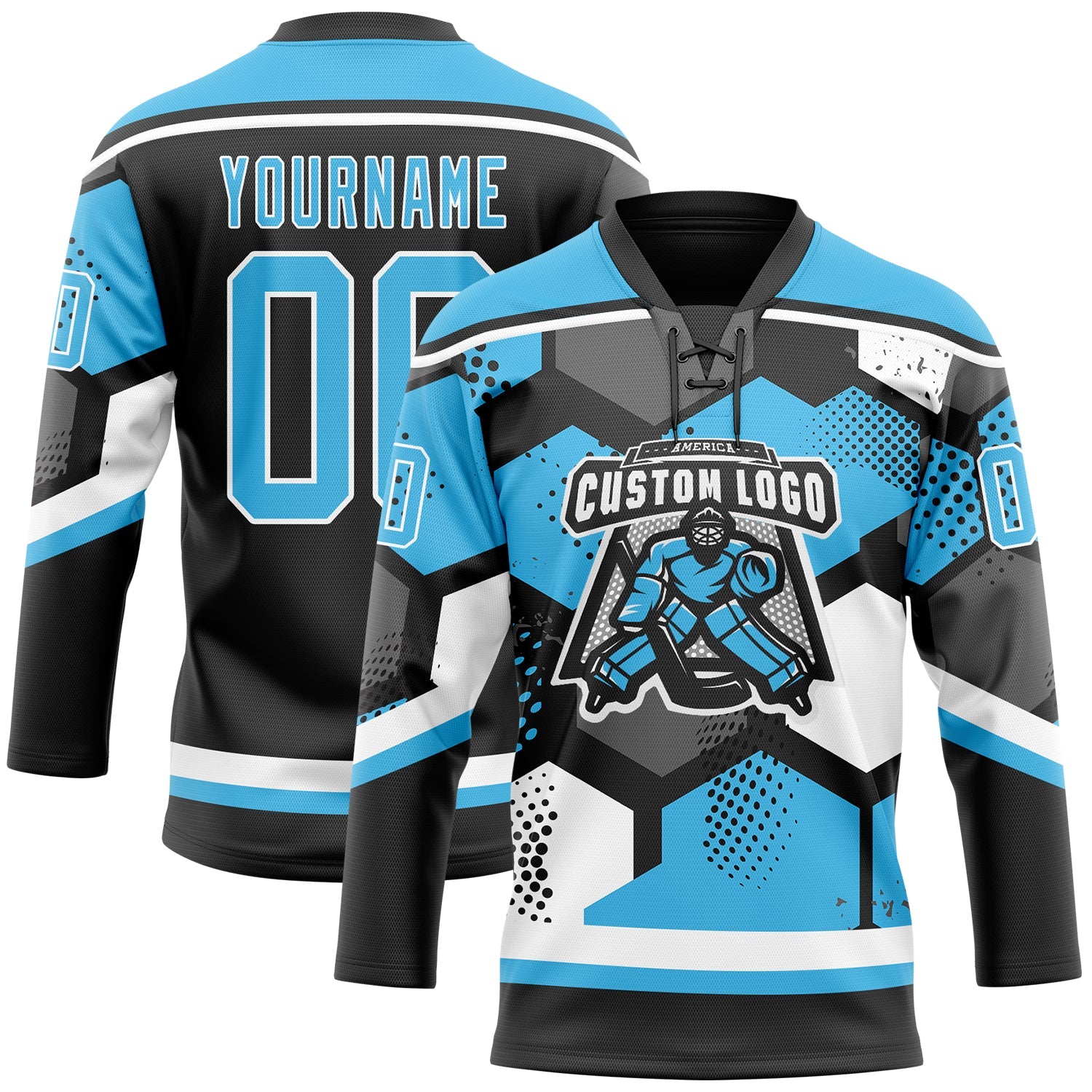 Custom Sky Blue Black-White 3D Pattern Geometric Shape Hockey Lace Neck Jersey view 2
