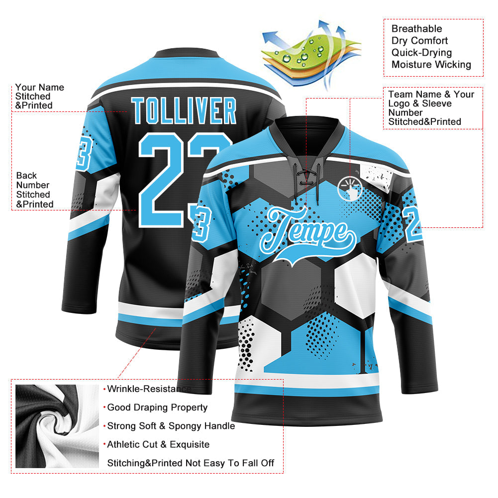 Custom Sky Blue Black-White 3D Pattern Geometric Shape Hockey Lace Neck Jersey view 5