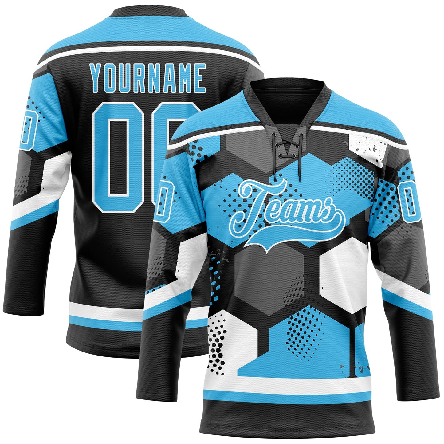 Custom Sky Blue Black-White 3D Pattern Geometric Shape Hockey Lace Neck Jersey - Main View