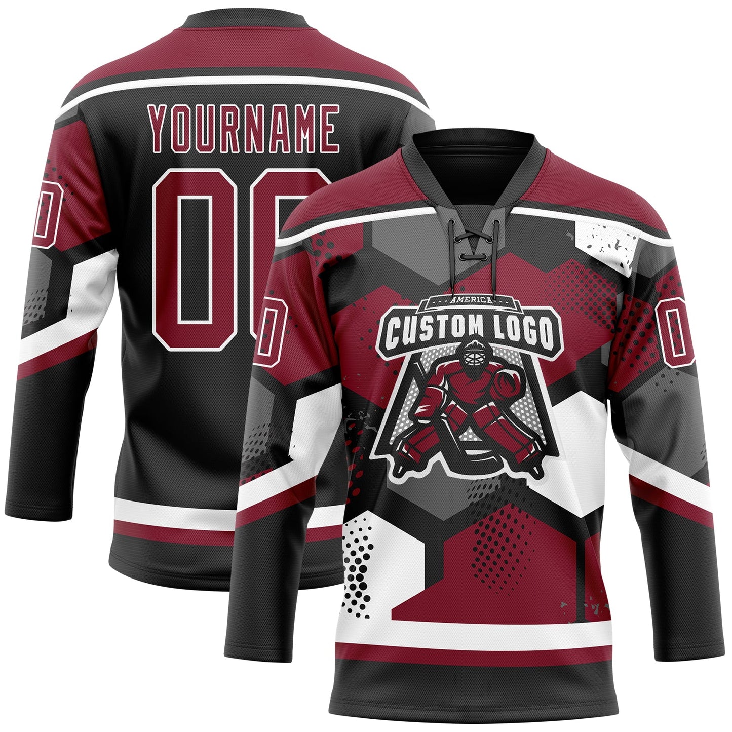 Custom Crimson Black-White 3D Pattern Geometric Shape Hockey Lace Neck Jersey view 2