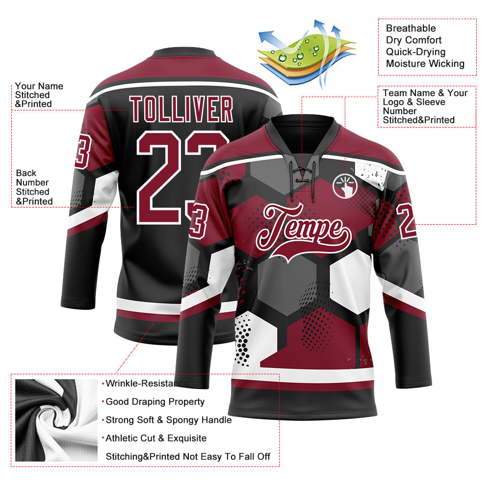 Custom Crimson Black-White 3D Pattern Geometric Shape Hockey Lace Neck Jersey view 5
