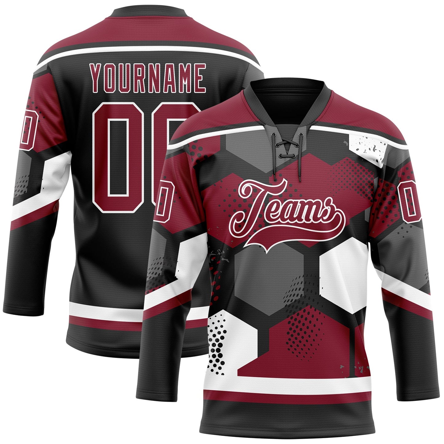 Custom Crimson Black-White 3D Pattern Geometric Shape Hockey Lace Neck Jersey - Main View