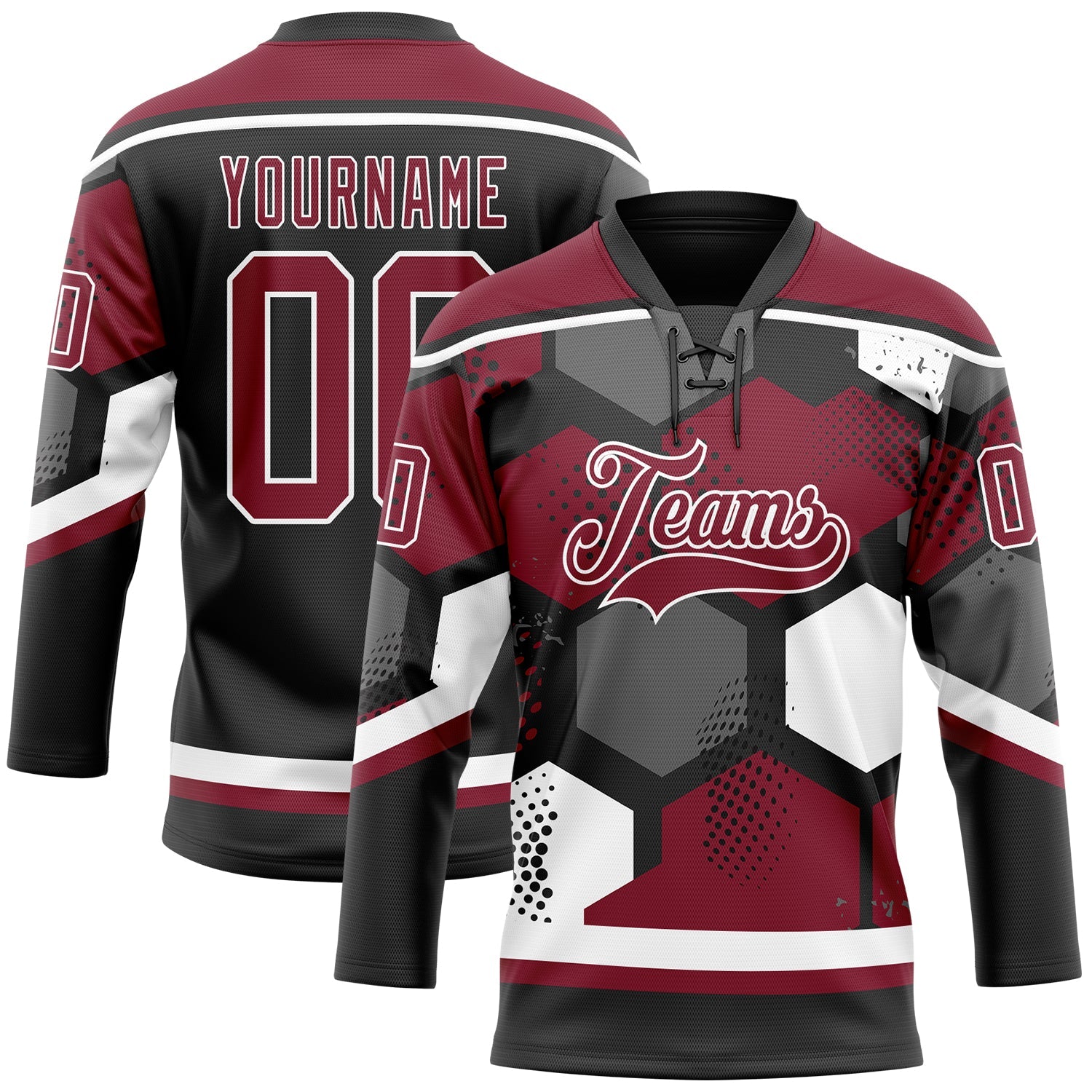 Custom Crimson Black-White 3D Pattern Geometric Shape Hockey Lace Neck Jersey - Main View