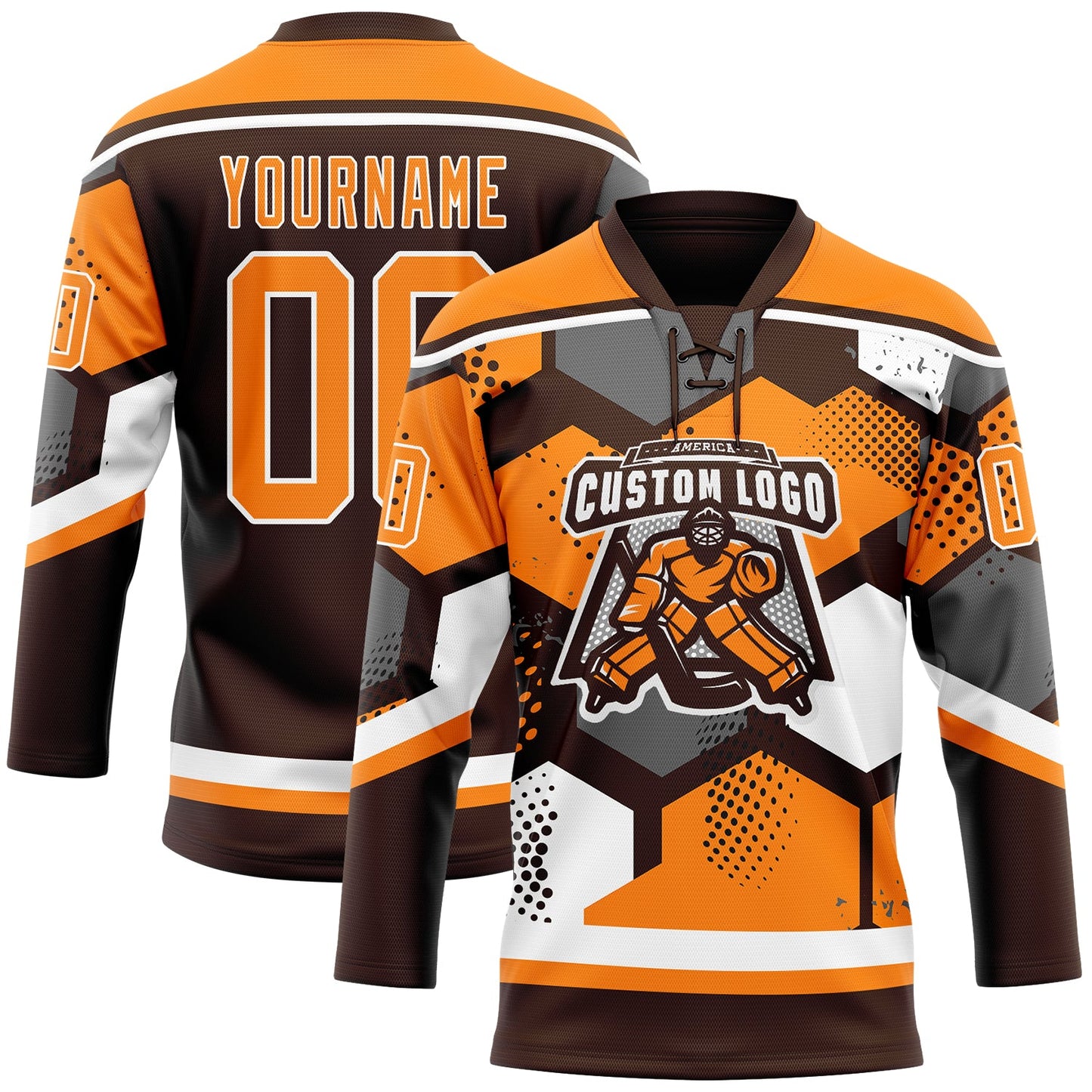 Custom Bay Orange Brown-White 3D Pattern Geometric Shape Hockey Lace Neck Jersey view 2