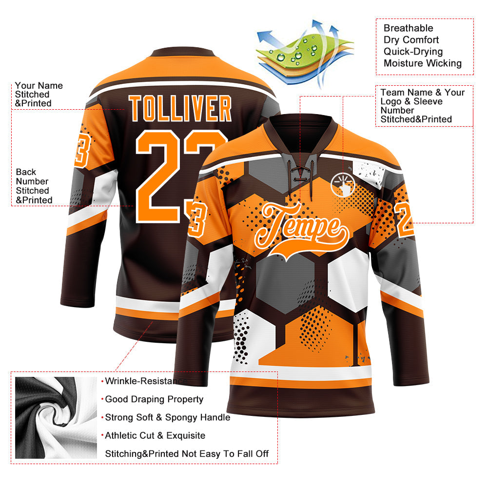 Custom Bay Orange Brown-White 3D Pattern Geometric Shape Hockey Lace Neck Jersey view 5