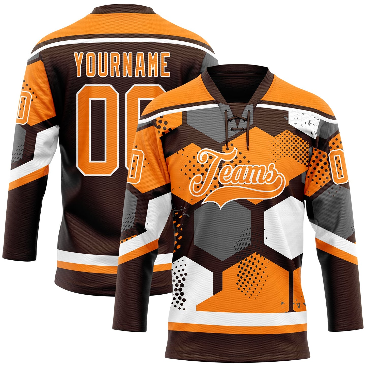 Custom Bay Orange Brown-White 3D Pattern Geometric Shape Hockey Lace Neck Jersey - Main View