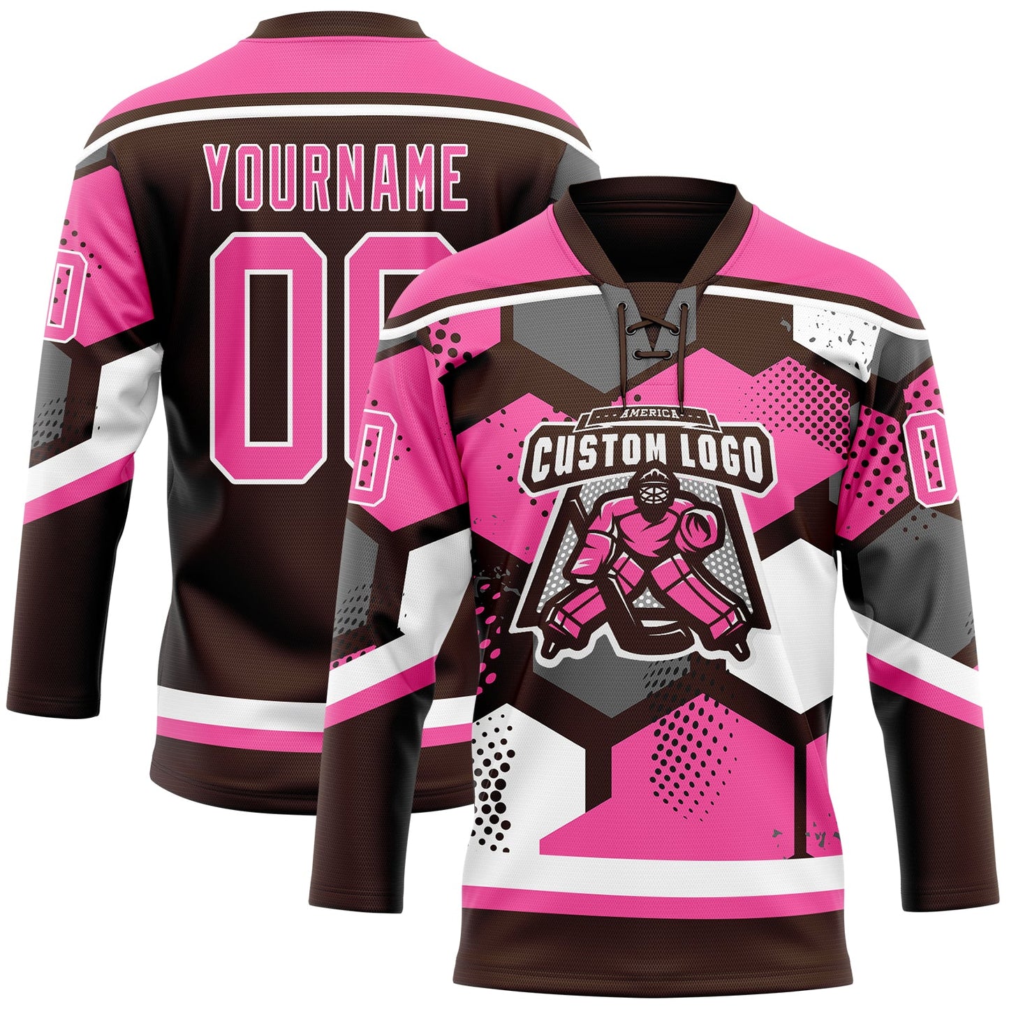 Custom Pink Brown-White 3D Pattern Geometric Shape Hockey Lace Neck Jersey view 2