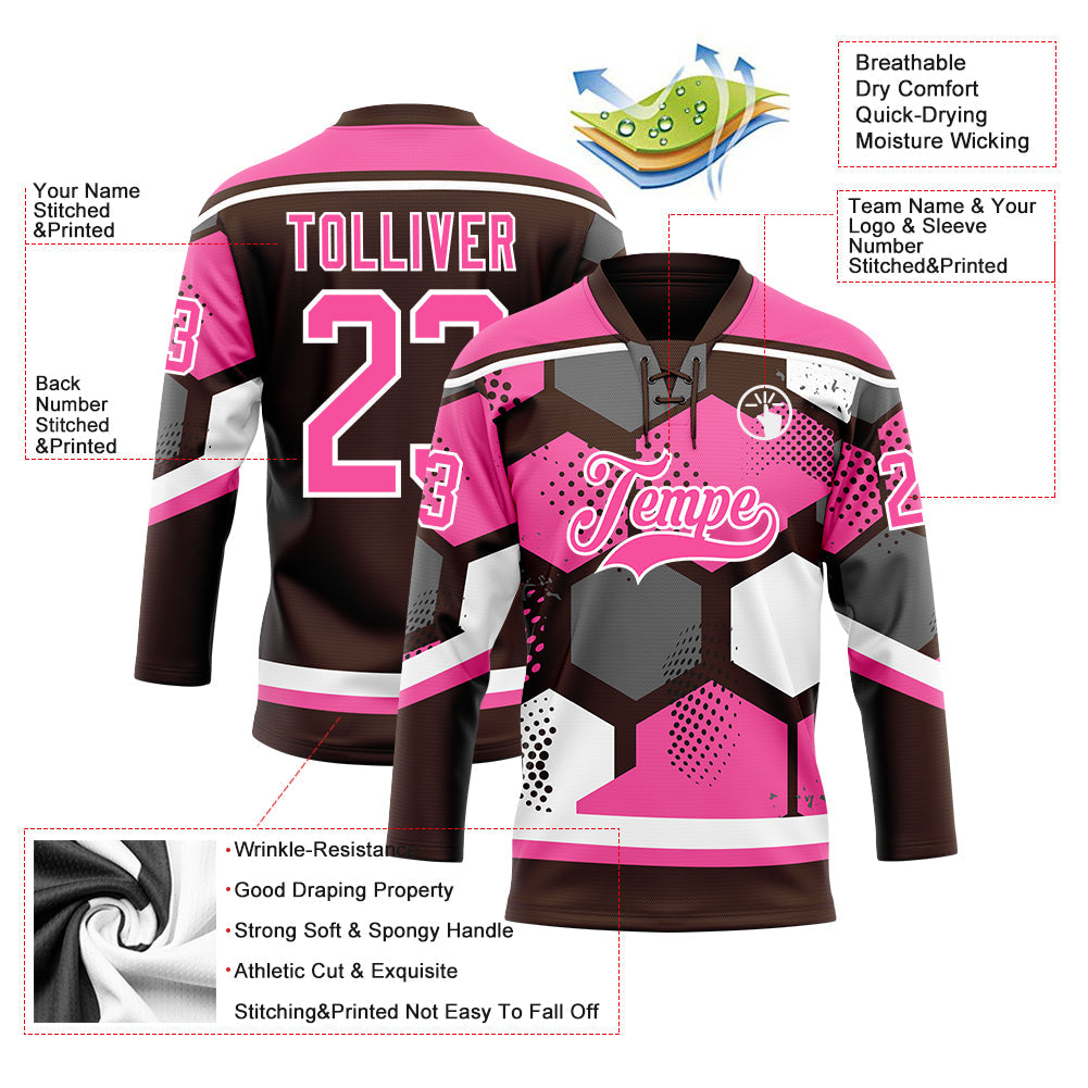 Custom Pink Brown-White 3D Pattern Geometric Shape Hockey Lace Neck Jersey view 5