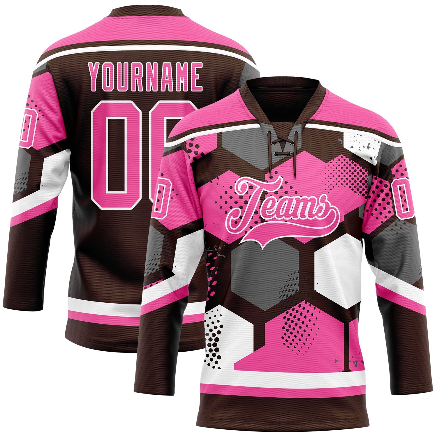 Custom Pink Brown-White 3D Pattern Geometric Shape Hockey Lace Neck Jersey - Main View