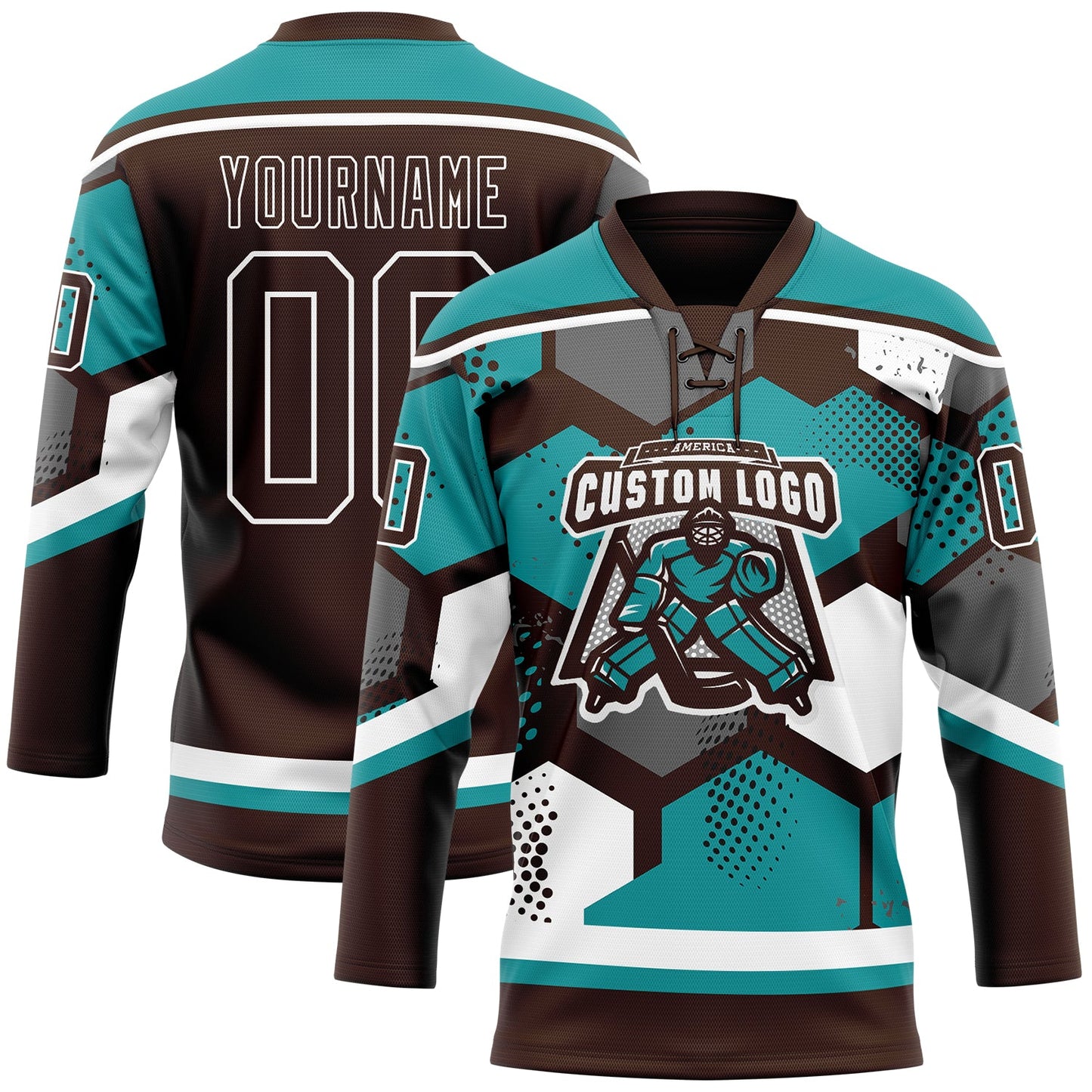 Custom Teal Brown-White 3D Pattern Geometric Shape Hockey Lace Neck Jersey view 2