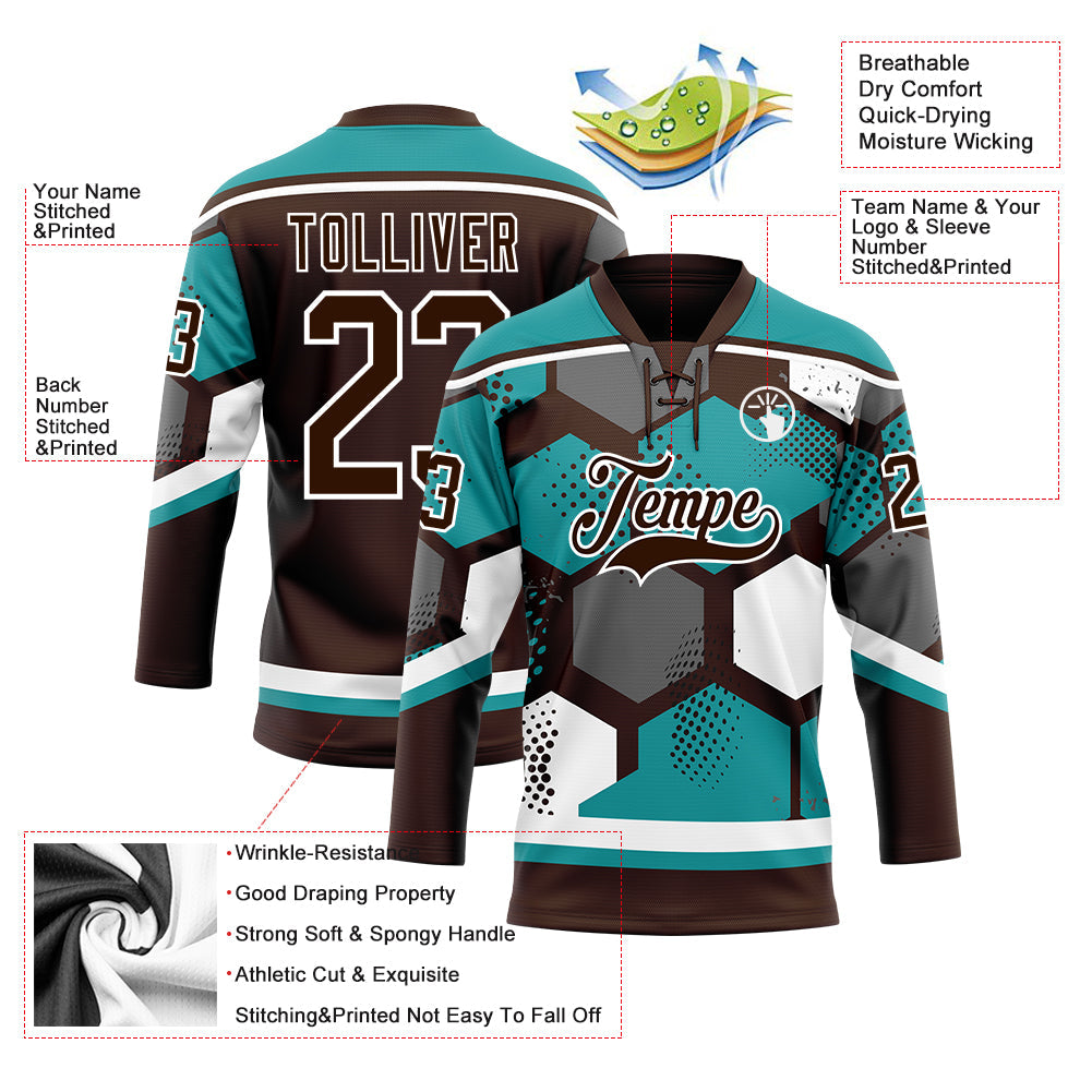 Custom Teal Brown-White 3D Pattern Geometric Shape Hockey Lace Neck Jersey view 5