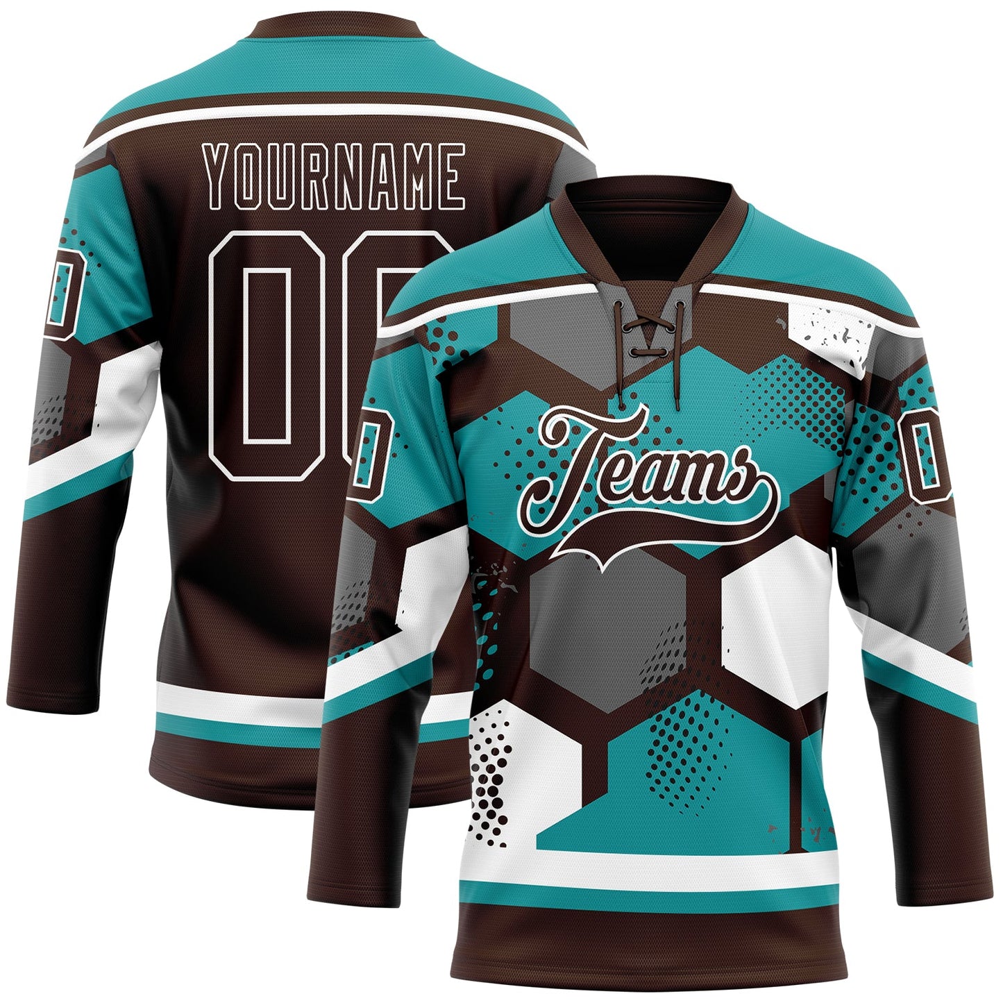 Custom Teal Brown-White 3D Pattern Geometric Shape Hockey Lace Neck Jersey - Main View
