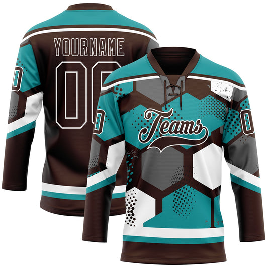 Custom Teal Brown-White 3D Pattern Geometric Shape Hockey Lace Neck Jersey - Main View