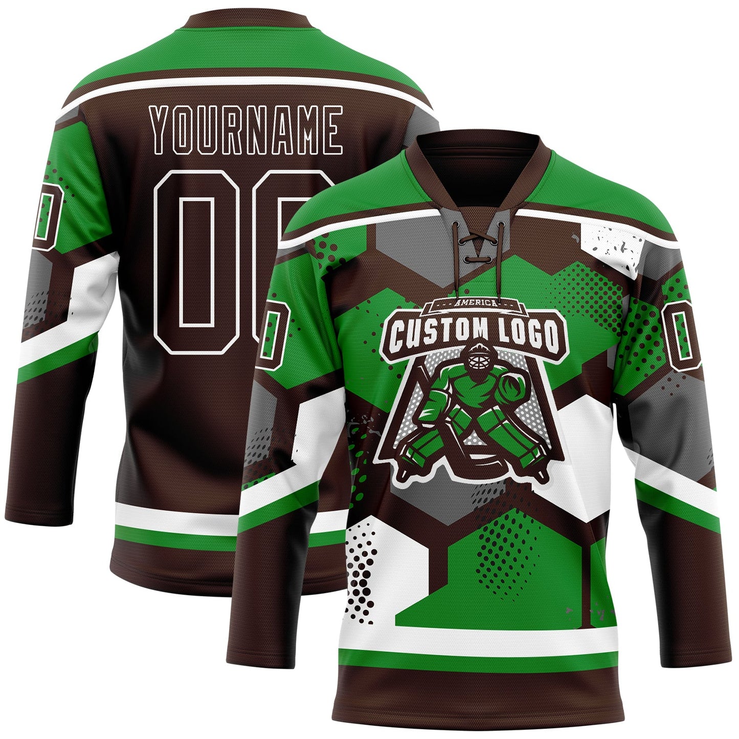 Custom Grass Green Brown-White 3D Pattern Geometric Shape Hockey Lace Neck Jersey view 2