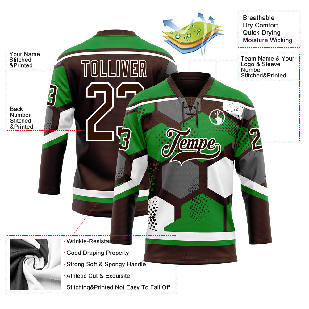 Custom Grass Green Brown-White 3D Pattern Geometric Shape Hockey Lace Neck Jersey view 5
