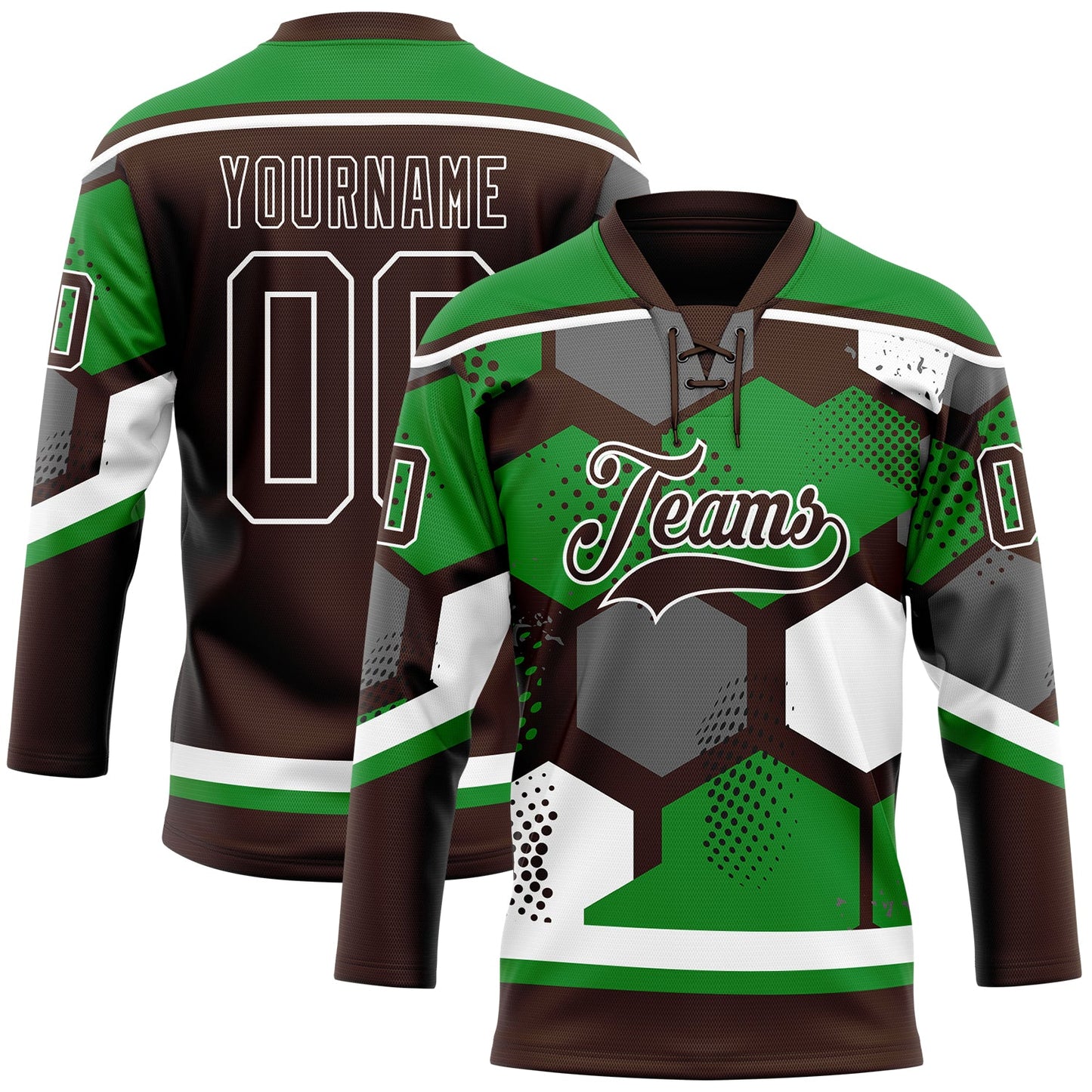 Custom Grass Green Brown-White 3D Pattern Geometric Shape Hockey Lace Neck Jersey - Main View