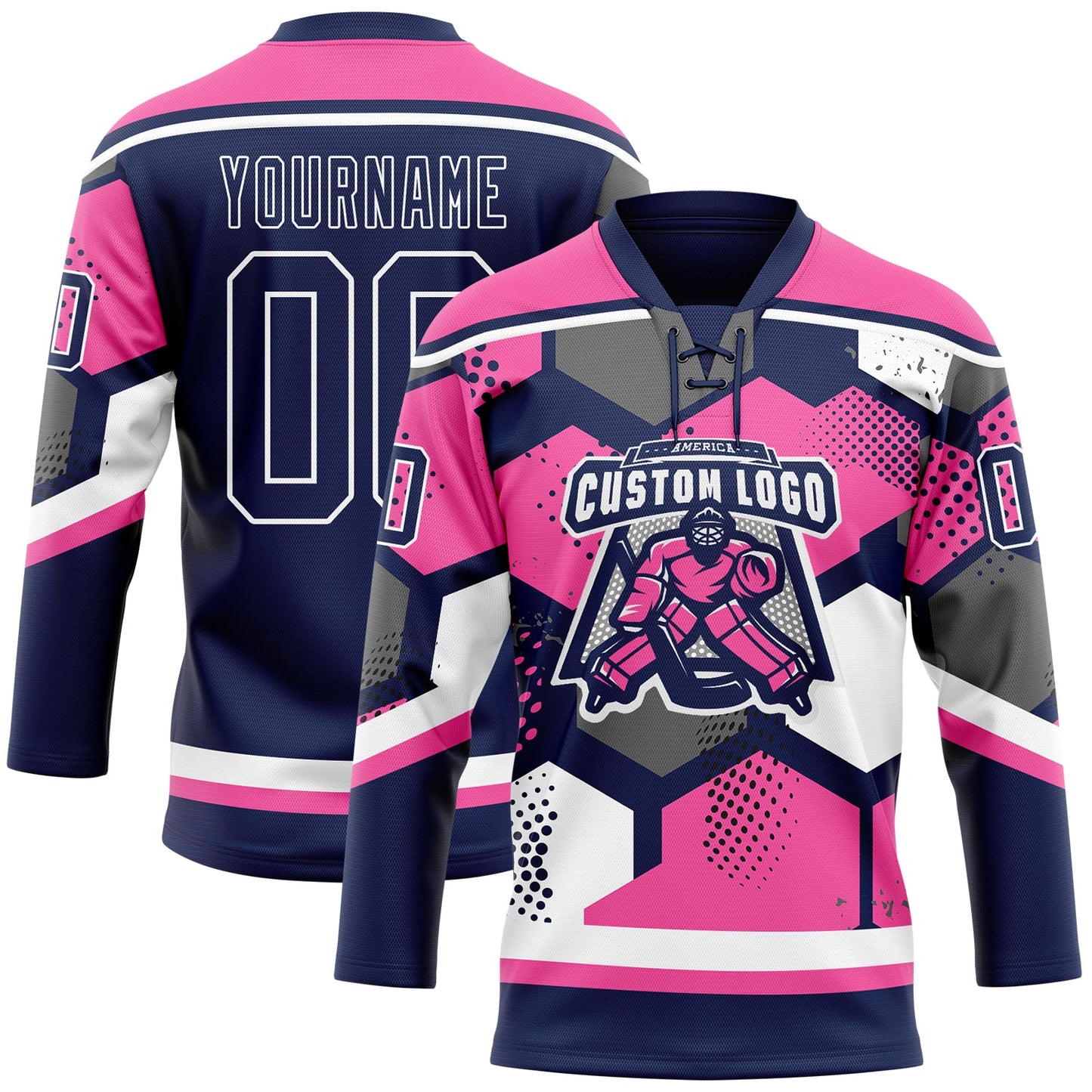 Custom Pink Navy-White 3D Pattern Geometric Shape Hockey Lace Neck Jersey view 2