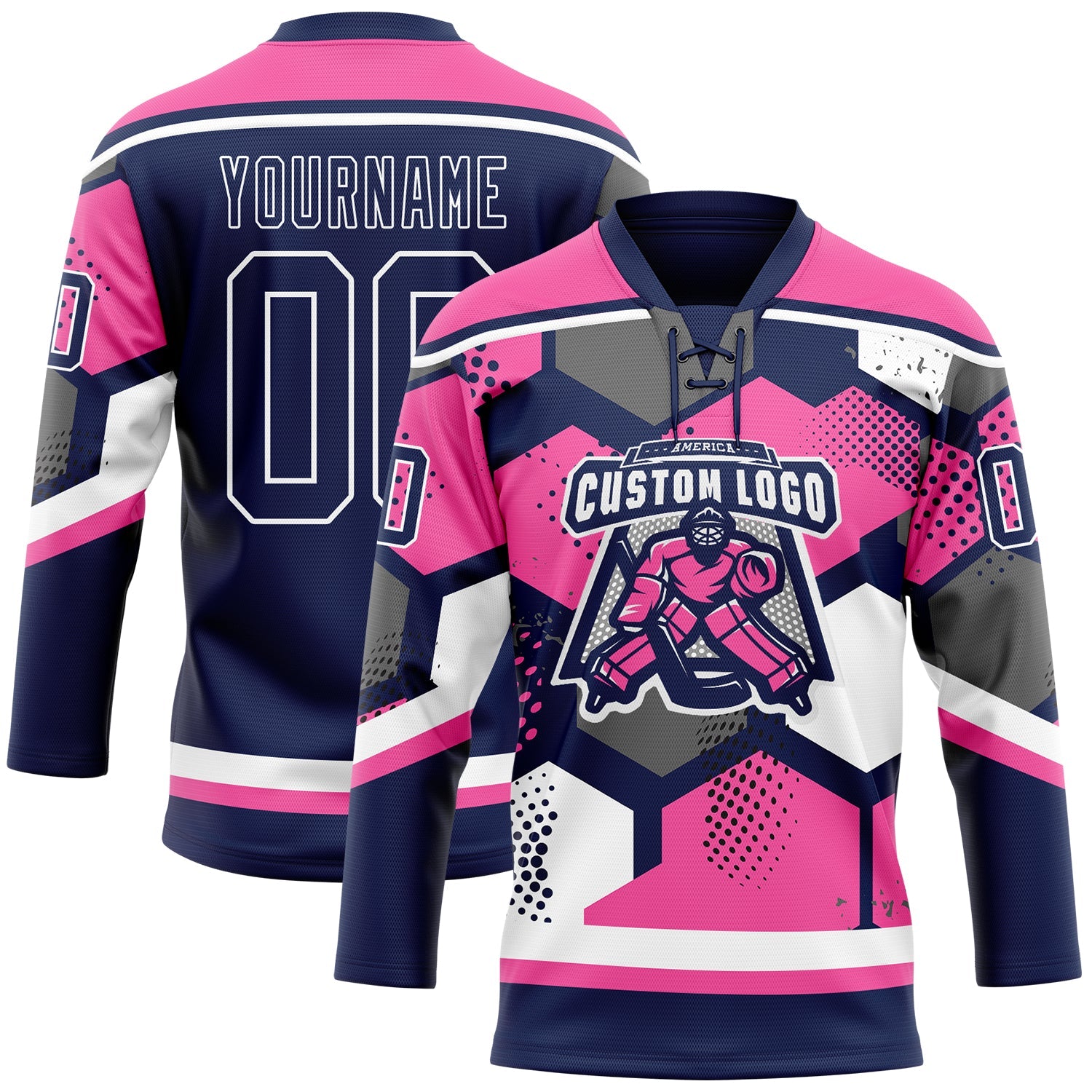 Custom Pink Navy-White 3D Pattern Geometric Shape Hockey Lace Neck Jersey view 2