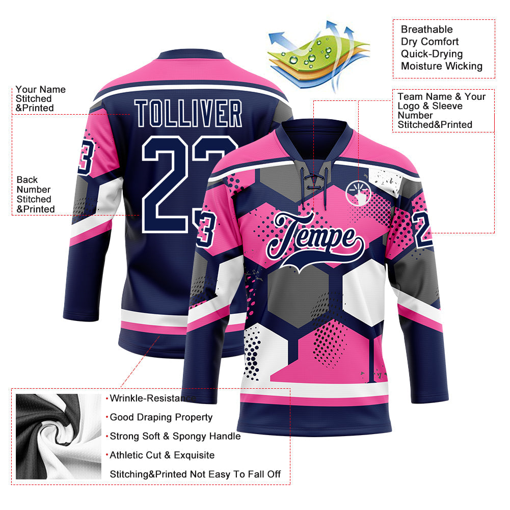 Custom Pink Navy-White 3D Pattern Geometric Shape Hockey Lace Neck Jersey view 5