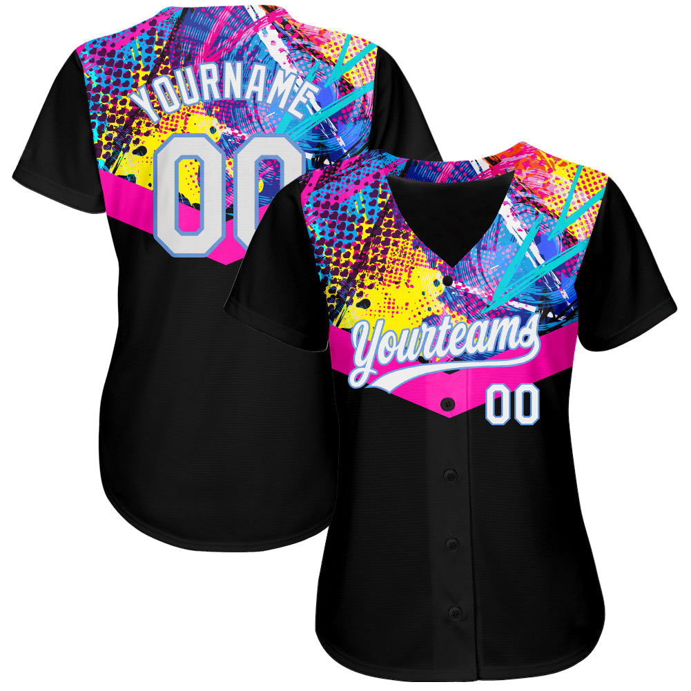 Custom Black White-Light Blue 3D Pattern Design Authentic Baseball Jersey view 2