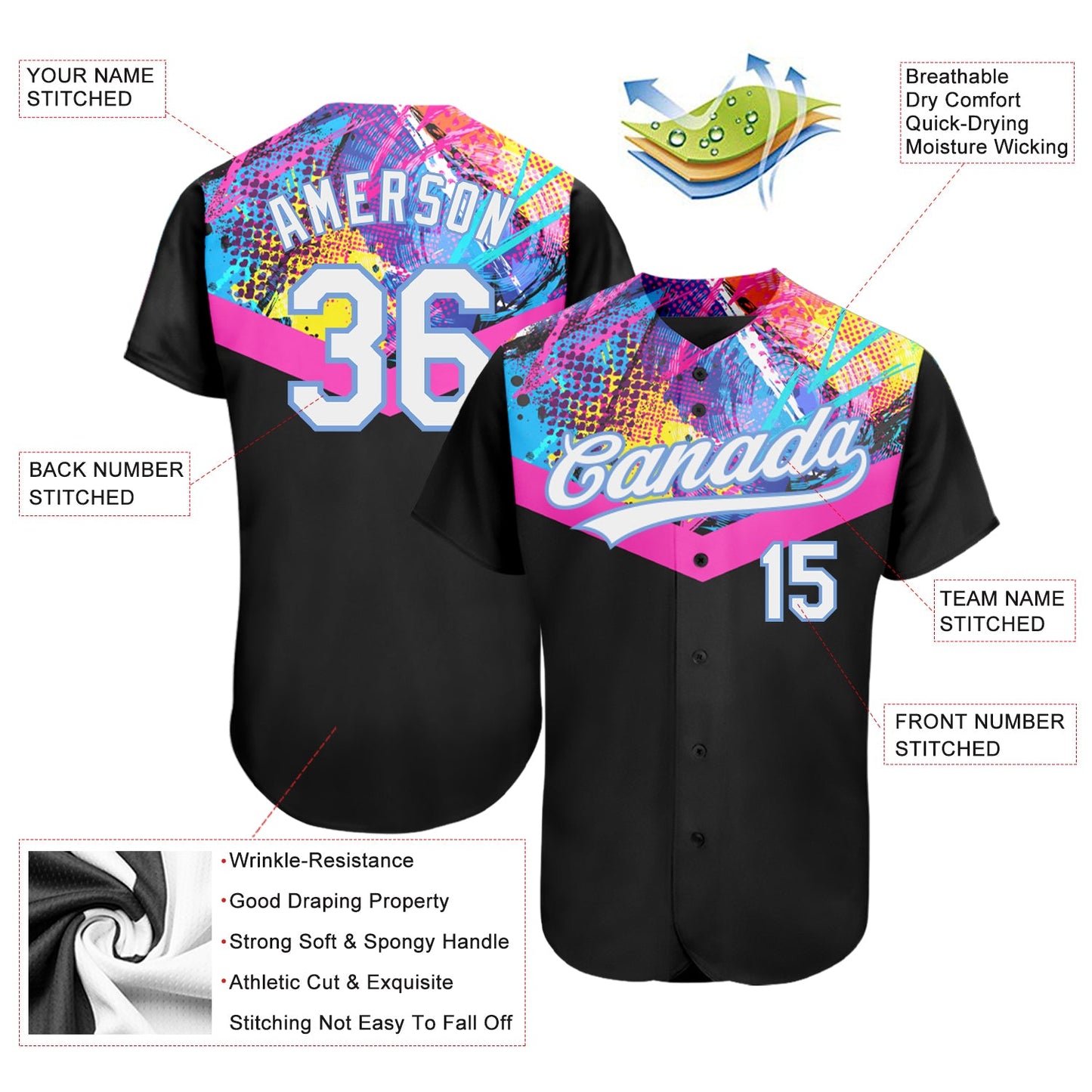 Custom Black White-Light Blue 3D Pattern Design Authentic Baseball Jersey view 3