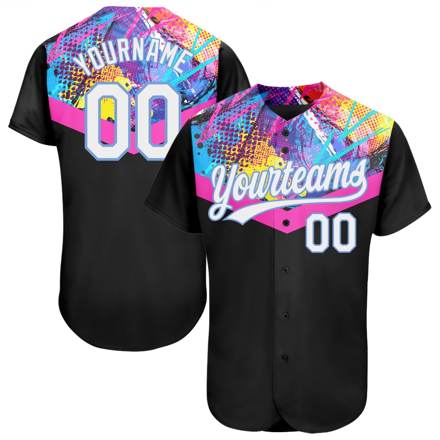 Custom Black White-Light Blue 3D Pattern Design Authentic Baseball Jersey - Main View