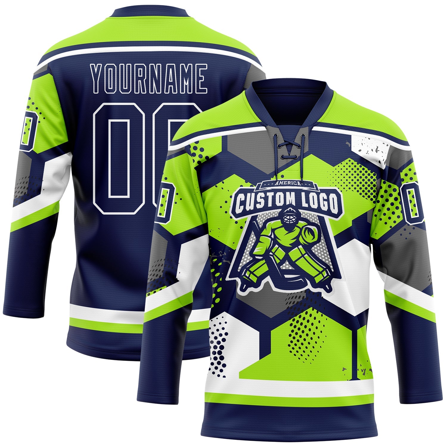 Custom Neon Green Navy-White 3D Pattern Geometric Shape Hockey Lace Neck Jersey view 2