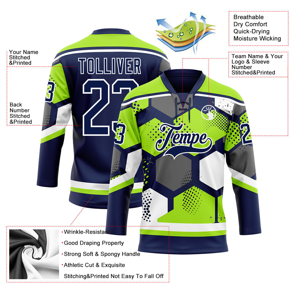 Custom Neon Green Navy-White 3D Pattern Geometric Shape Hockey Lace Neck Jersey view 5