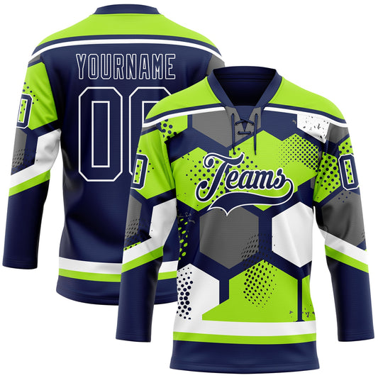 Custom Neon Green Navy-White 3D Pattern Geometric Shape Hockey Lace Neck Jersey - Main View