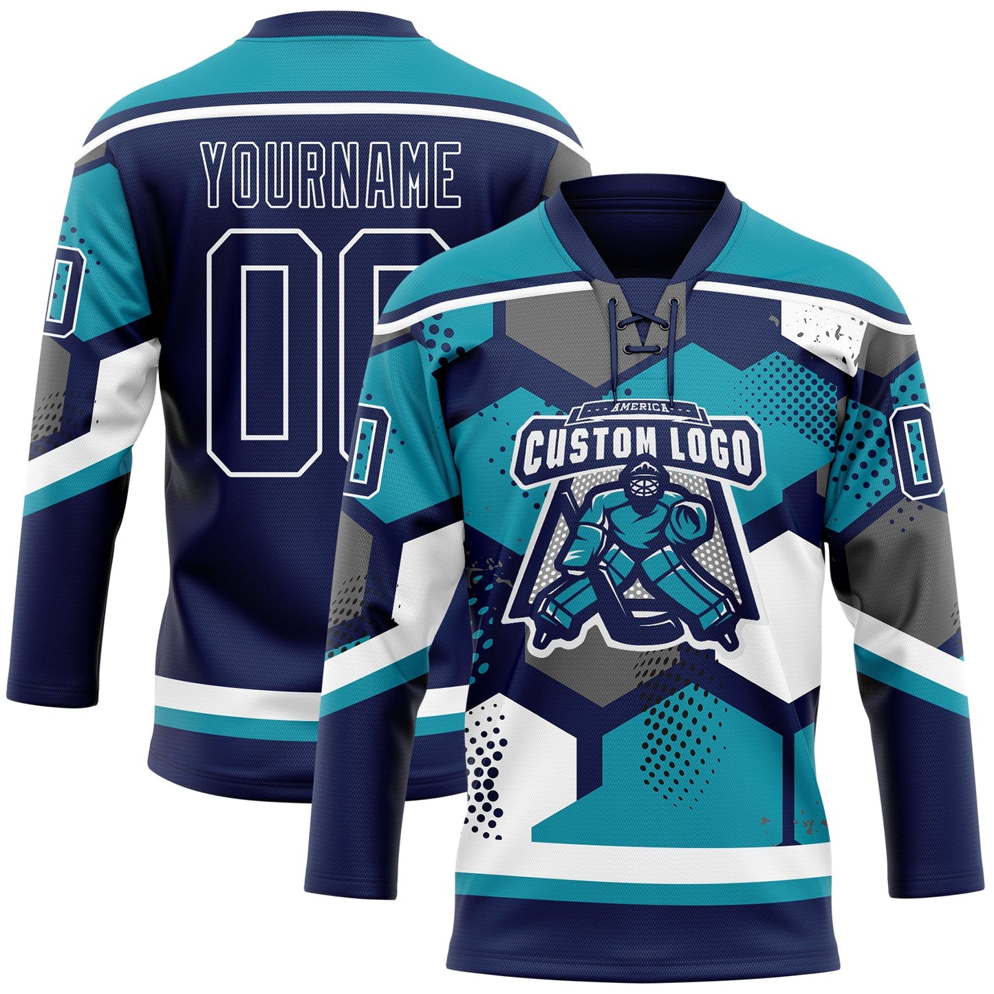 Custom Teal Navy-White 3D Pattern Geometric Shape Hockey Lace Neck Jersey view 2