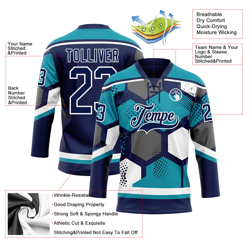 Custom Teal Navy-White 3D Pattern Geometric Shape Hockey Lace Neck Jersey view 5
