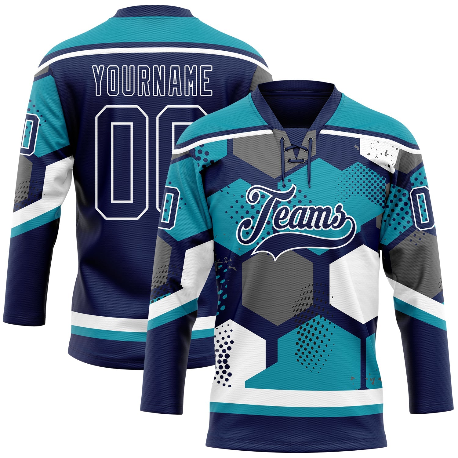 Custom Teal Navy-White 3D Pattern Geometric Shape Hockey Lace Neck Jersey - Main View