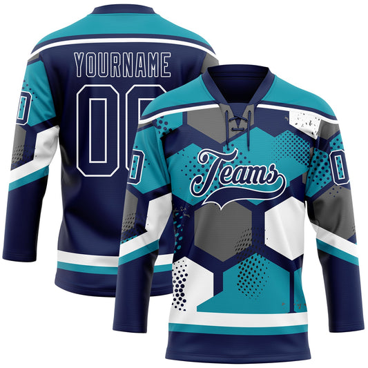 Custom Teal Navy-White 3D Pattern Geometric Shape Hockey Lace Neck Jersey - Main View