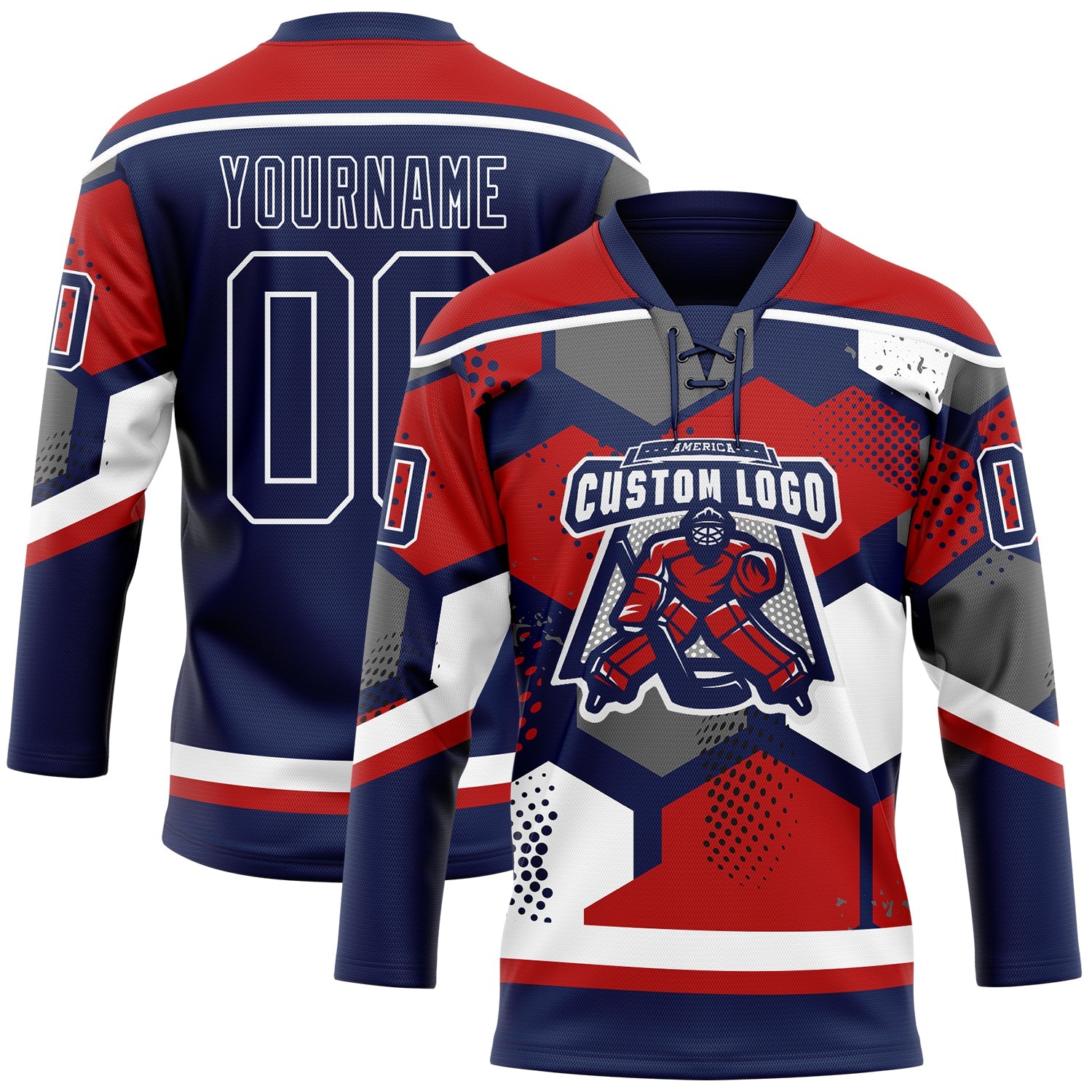 Custom Red Navy-White 3D Pattern Geometric Shape Hockey Lace Neck Jersey view 2