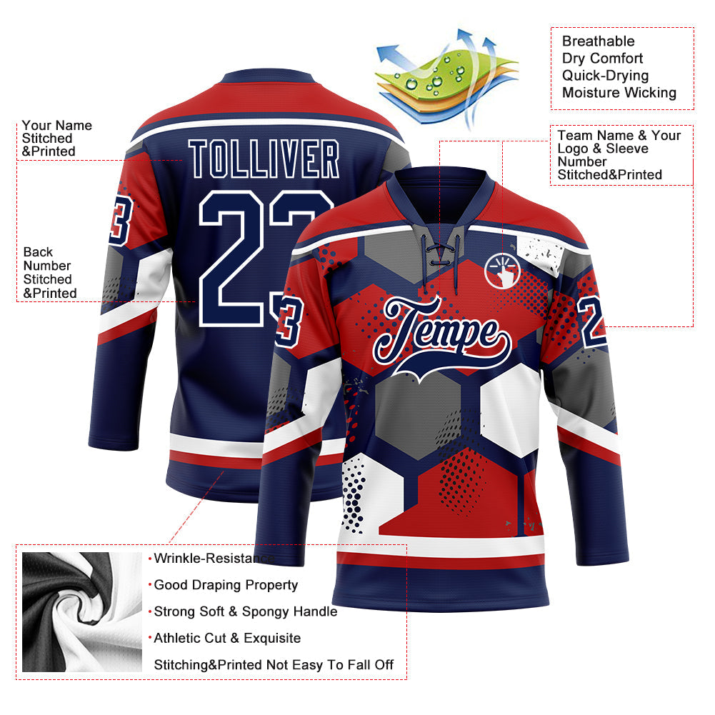 Custom Red Navy-White 3D Pattern Geometric Shape Hockey Lace Neck Jersey view 5