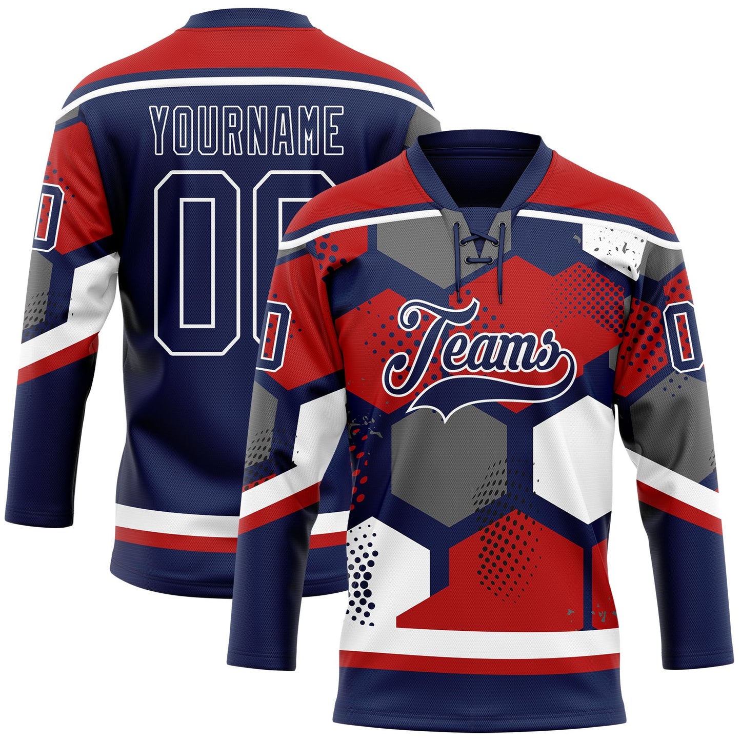 Custom Red Navy-White 3D Pattern Geometric Shape Hockey Lace Neck Jersey - Main View