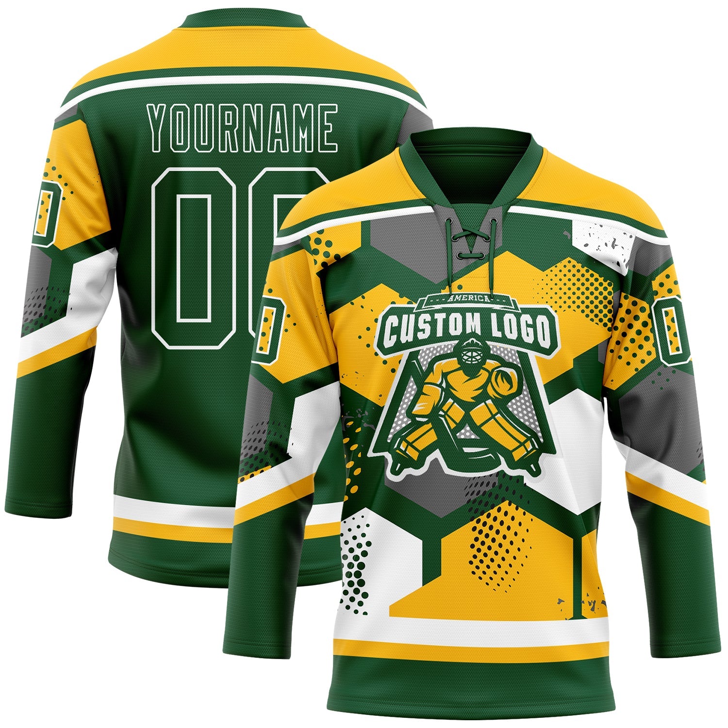 Custom Gold Green-White 3D Pattern Geometric Shape Hockey Lace Neck Jersey view 2