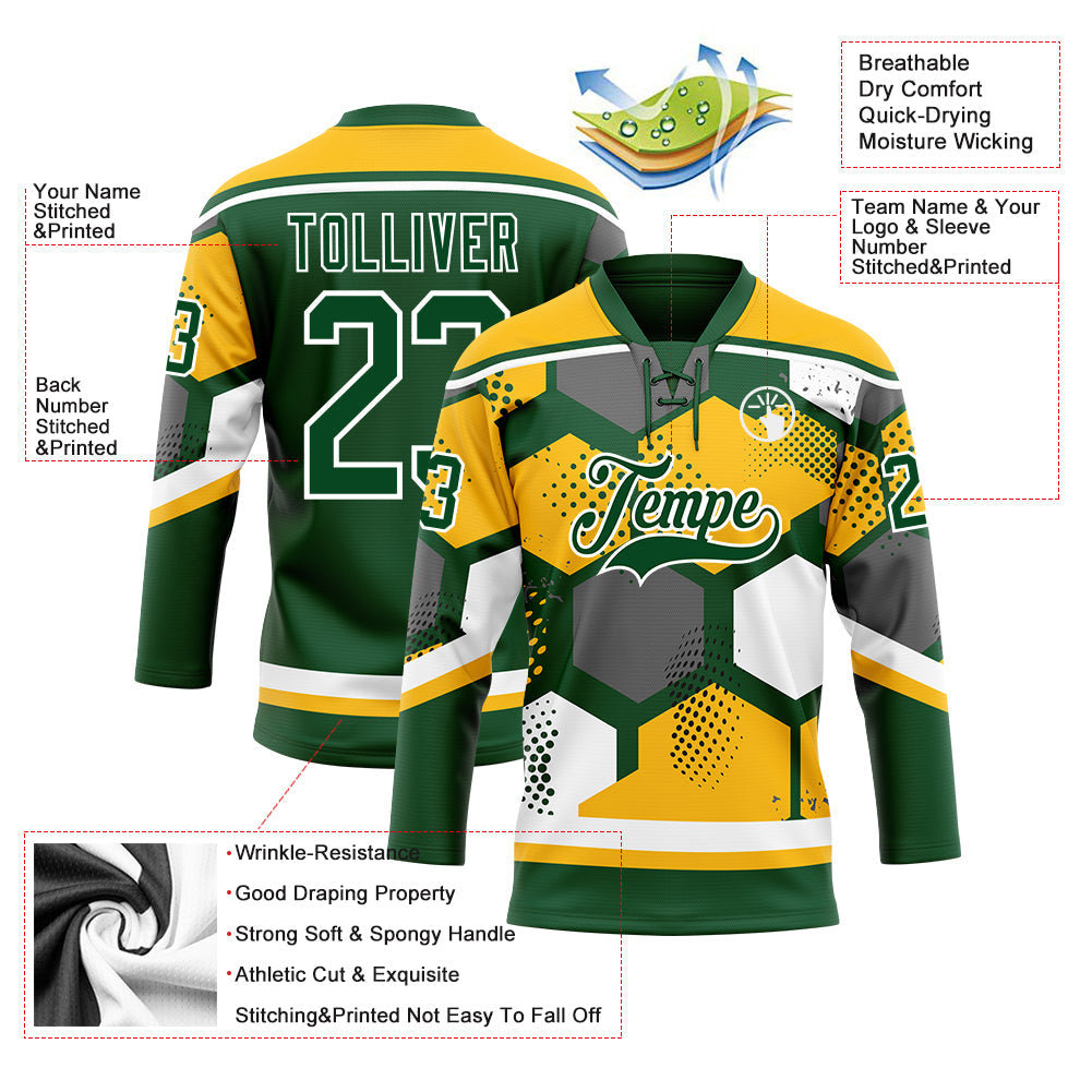 Custom Gold Green-White 3D Pattern Geometric Shape Hockey Lace Neck Jersey view 5