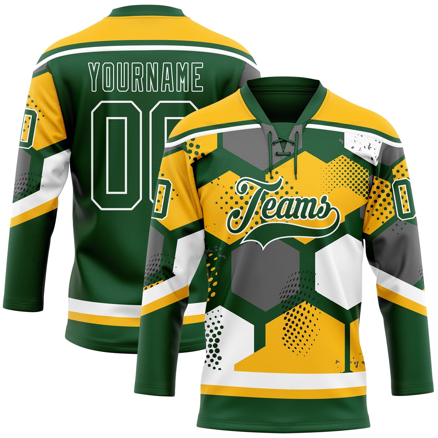 Custom Gold Green-White 3D Pattern Geometric Shape Hockey Lace Neck Jersey - Main View