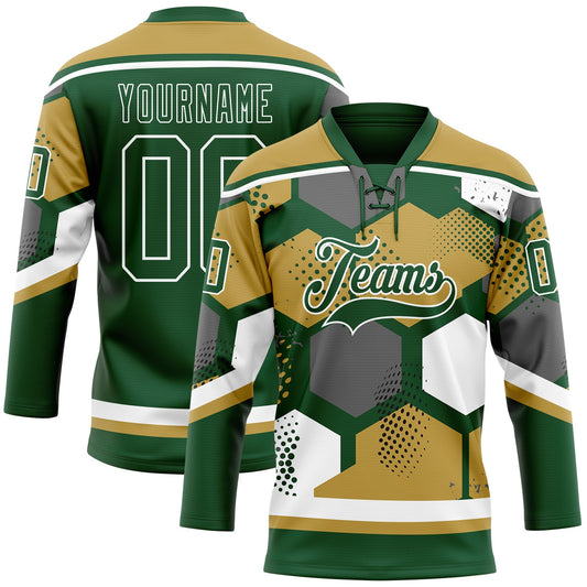 Custom Old Gold Green-White 3D Pattern Geometric Shape Hockey Lace Neck Jersey - Main View